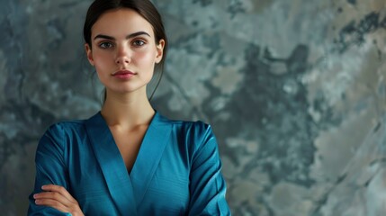 Confident young businesswoman in a blue dress ready to take on challenges