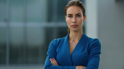 Confident young businesswoman in a blue dress ready to take on challenges
