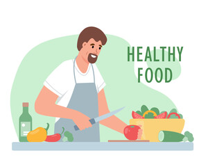 Healthy vegetarian food concept banner. Happy man cooking salad. Male Character and Vegetarian Meal. Vector illustration isolated on white background.