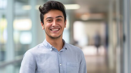 Smiling Young Man in Casual Blue Shirt Indoors, Reflecting Professional Confidence and Approachability