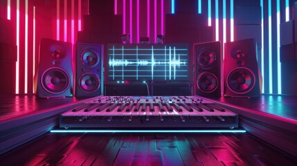 Obraz premium Neon Synth Studio with Keyboard and Speakers