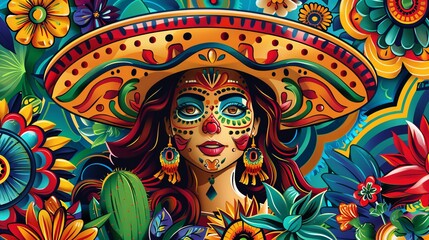 Obraz premium A traditional hand-painted hat adorned with colorful and detailed floral motifs, set against a background filled with bright and vibrant patterns of flowers and plants.