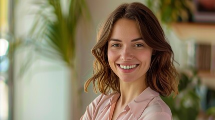 Happy businesswoman in a pink blouse smiling at the camera