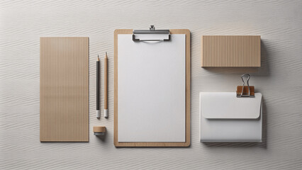 corporate business office stationery set mockup at white textured, billboard clipboard blank sheet