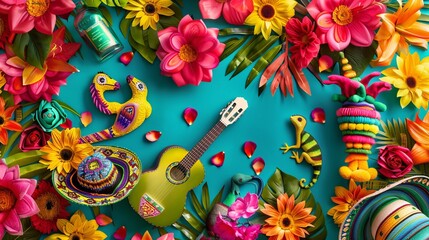 Naklejka premium A lively and colorful depiction featuring elements of Mexican decor including a guitar, a lizard, a traditional sombrero, vibrant flowers, and a bottle, all arranged artfully.