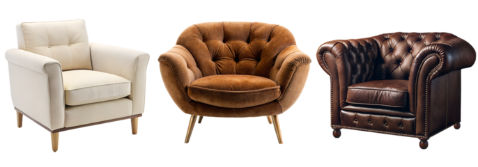 Designer upholstered armchair for the living room, a set of armchairs, a brown Chester armchair, a white classic armchair, a velvet beige armchair on wooden legs. Isolate on a transparent background