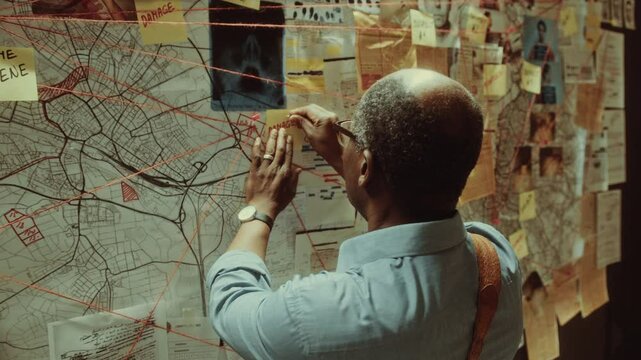 African American investigator pinning paper note with word Damage written on it to evidence board filled with maps, photos and clues connected with red string when working on criminal case
