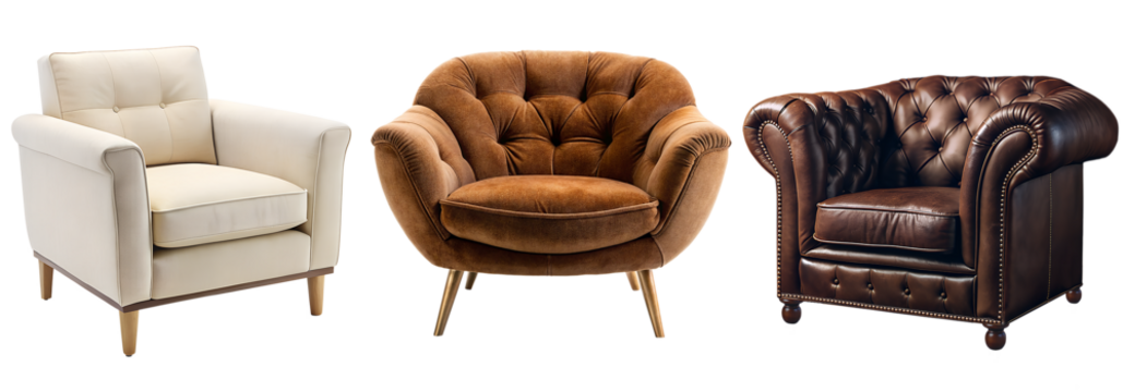Designer upholstered armchair for the living room, a set of armchairs, a brown Chester armchair, a white classic armchair, a velvet beige armchair on wooden legs. Isolate on a transparent background