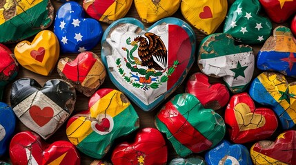 Image of numerous heart-shaped objects painted with various international flags representing love, unity, and diversity, vividly showcasing different countries and cultures.