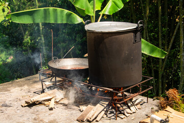 Chicken sancocho made in a wood stove - Typical Colombian tradition