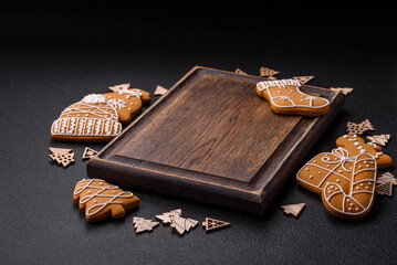 Empty wooden cutting board with Christmas decor elements