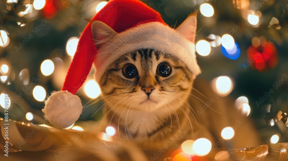 Canvas Prints Cat in Santa hat on Christmas lights with bokeh background