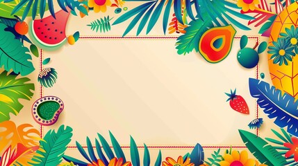 A delightful tropical fruits and leaves border set against a beige background, featuring watermelon, avocado, and other vibrant fruits and green leaves, evoking a refreshing tropical vibe.