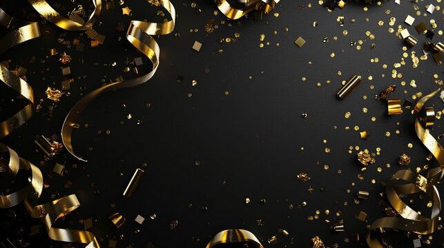 An eye-catching image with gold confetti and ribbons scattered on a black background, showcasing a festive party atmosphere, ideal for celebrations and special events.