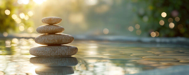Obraz premium Pile of stones or cairn on water surface indicating balance, tranquility and harmony in spa settingss
