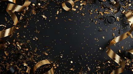 A captivating image showing black and gold confetti with ribbons on a dark background, representing a festive and celebratory scene, perfect for joyous events and parties.