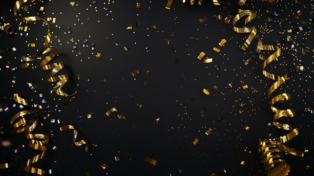 An enchanting image displaying sparkling gold and black confetti intertwined with curling ribbons on a dark background, ideal for festive and celebratory occasions.