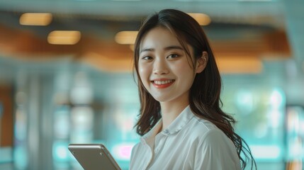 Fototapeta premium Image of a young Asian woman, smiling and holding a digital tablet, standing in an office