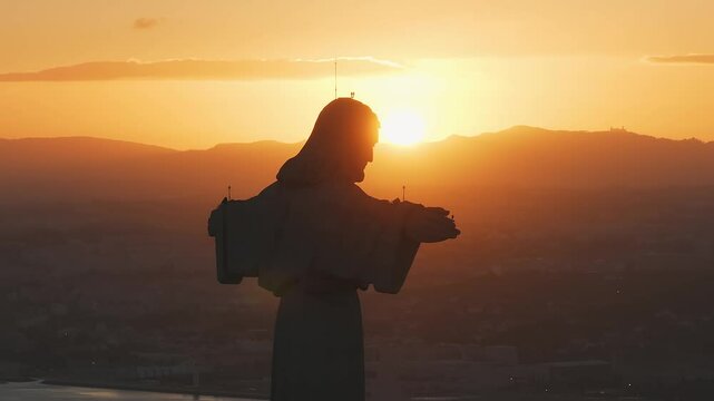 Aerial view of Sanctuary of Christ the King or Santuario de Cristo Rei on sunny summer day at sunset. Mighty catholic monument.