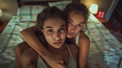 Fototapeta premium young women, intimidating, intense, sleepover, wideangle view, hugging,generative ai