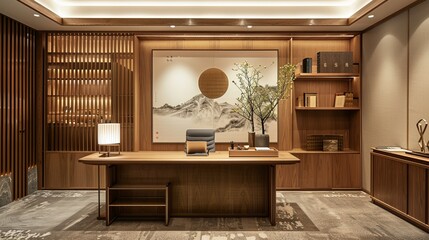 This image portrays an executive office with traditional wooden decor, featuring a large desk, a bookshelf filled with books, a decorative wall hanging, and ambient lighting, creating a professional 