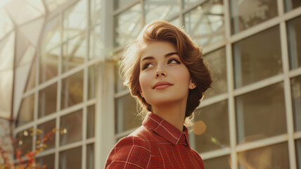 Fototapeta premium Young beautiful british woman in 1964 attire playful charm, confident demeanor wide shot.generative ai