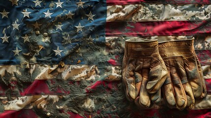 Fototapeta premium A pair of worn leather gloves are prominently placed against an American flag covered in grime and dirt, symbolizing patriotism, labor, dedication, and the hardworking spirit.