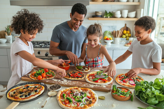 A family of four is making pizza together in a kitchen