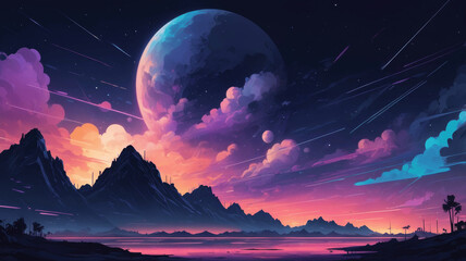 A Colorful Night Sky Over Mountainous Landscape With A Large Planet