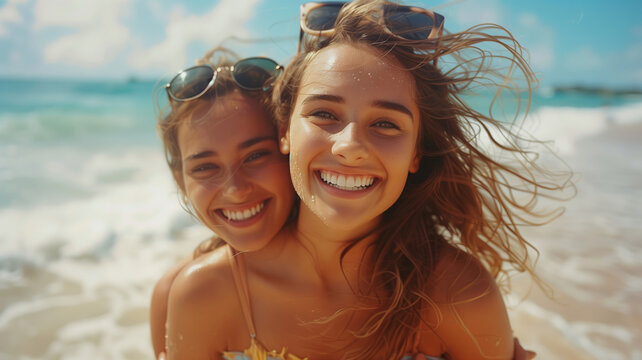 Sunny Beach Day Fun: Two Friends Share a Joyful Piggyback Ride
