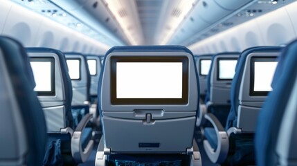 empty airplane chairs with a blank screen