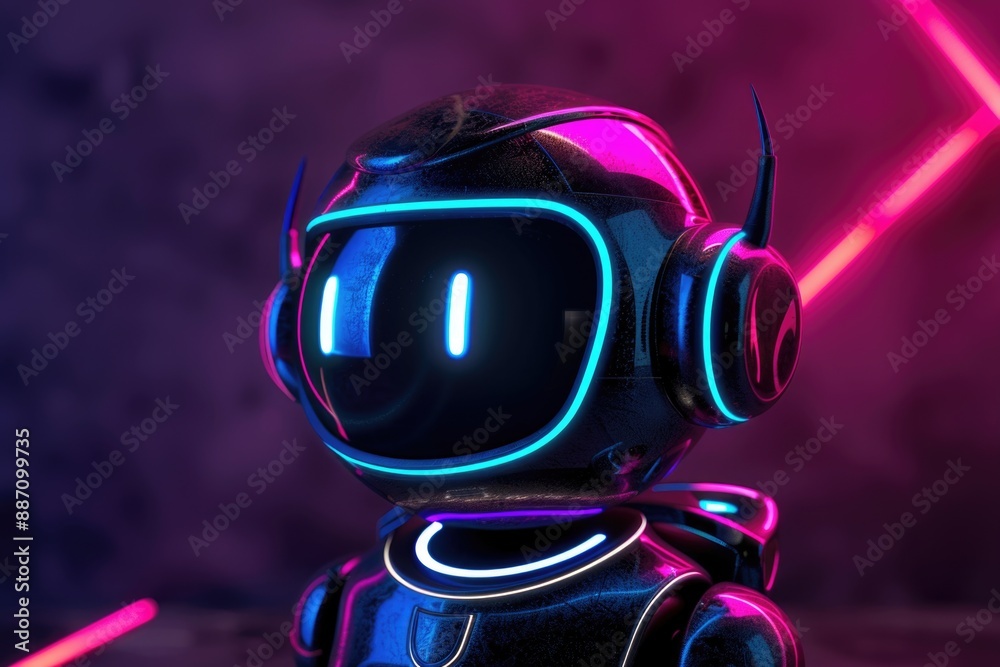 Poster A close-up shot of a robot wearing headphones and surrounded by a neon light, suitable for use in sci-fi themed designs or illustrations