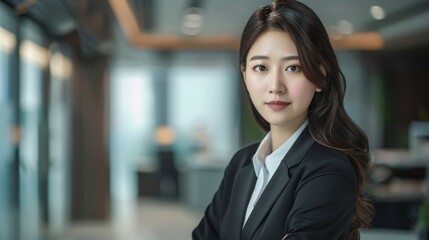 Asian smart attractive female businesswoman, wearing formal attire, confidently standing in an elegant office