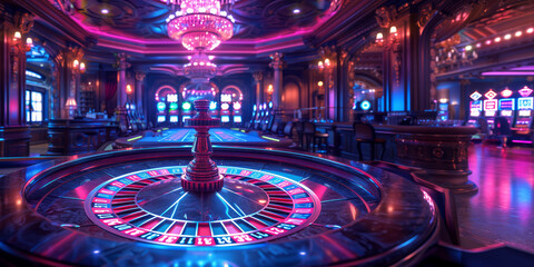 Casino room with roulette in the neon violet background