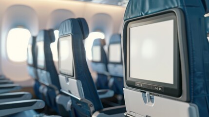 empty airplane chairs with a blank screen