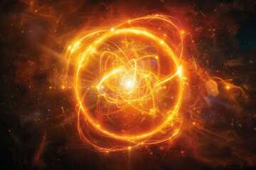 Obraz premium Abstract fiery atom with glowing energy in dark space, symbolizing science, power, and cosmic energy.