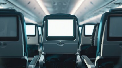 empty airplane chairs with a blank screen