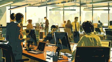 Fototapeta premium A dynamic and busy office scene filled with employees working diligently at their computers, sharing discussions, and collaborating on tasks, set in a modern open-plan layout.