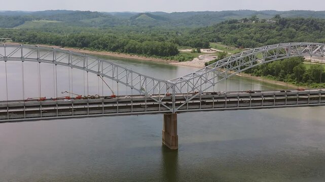 Aerial Drone Sherman Minton Bridge Ohio River Medium Circle Left to Right with Boom Up