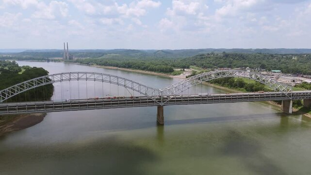 Aerial Drone Sherman Minton Bridge Ohio River Wide Boom Up Move Toward Tilt Down