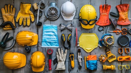 A variety of safety equipment including helmets, gloves, tools, and glasses neatly arranged on an industrial wall, emphasizing organization and the importance of safety.