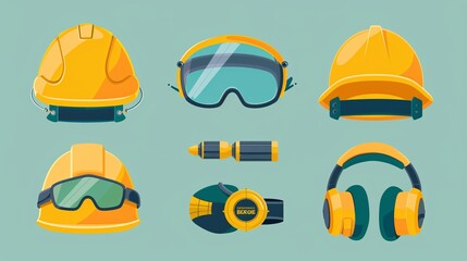 Illustration set of safety gear equipment icons including hard hats, goggles, headphones, and more, emphasizing the importance of personal protective equipment in workplaces.