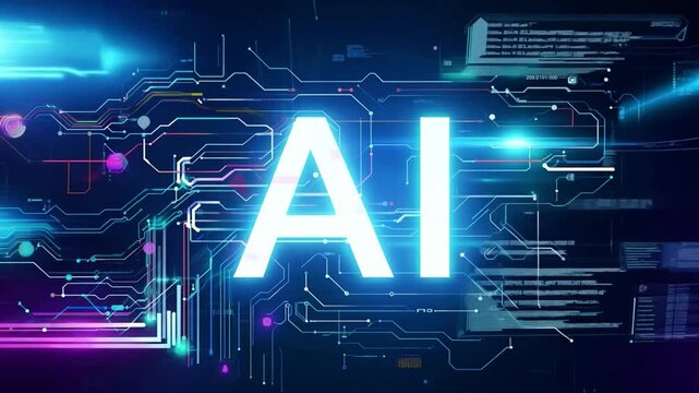 A digital rendering of the letters AI in white, glowing brightly against a dark background of blue circuit board lines and random lights.