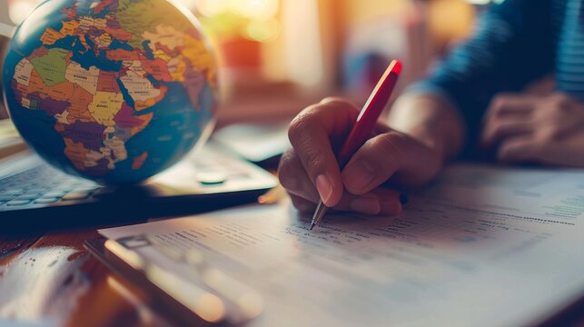 A hand writes on a document using a red pen, with a globe, calculator, and keyboard visible in the background, symbolizing global business and productivity.