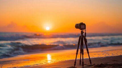 A camera stands on a tripod on the beach capturing the beauty of a stunning golden sunset over the horizon with gentle waves in the background, creating a peaceful scene.