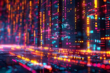 Obraz premium Digital matrix of colorful lights, symbolizing data, technology, and digital networks.