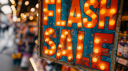 Close up of "flash sale" sign on store, background with hanging in the shop
