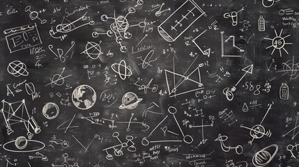 A well-used blackboard showcases a mix of white chalk drawings and doodles related to scientific principles and space exploration, creating an educational and creative scene.