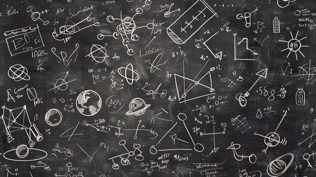 A well-used blackboard showcases a mix of white chalk drawings and doodles related to scientific principles and space exploration, creating an educational and creative scene.