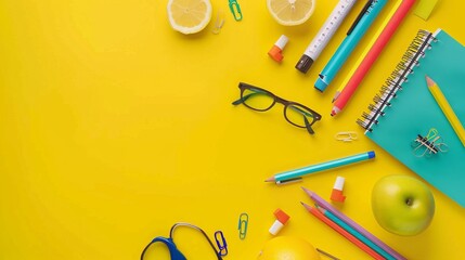 This image features a collection of colorful stationery items alongside apples and lemons, all arranged on a vibrant yellow base, representing creativity and freshness.
